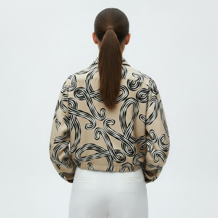 L’LUXE 100% Mulberry Silk Abstract Print Drawstring Blouse