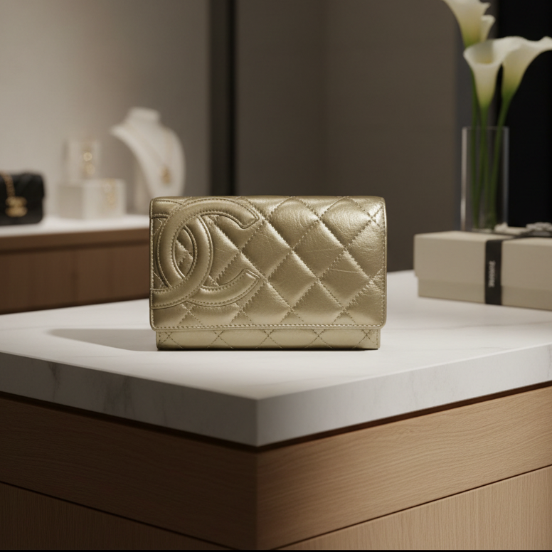 CHANEL Cambon Line Bi-Fold Wallet Gold Calfskin Leather Authentic Previously Owned  (chain not Included)
