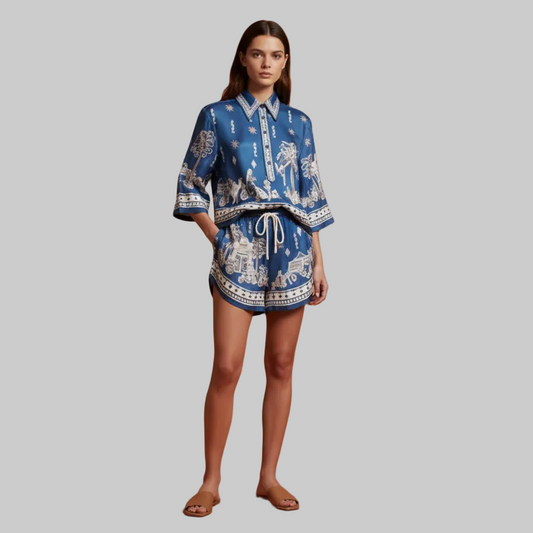 Acacia Blue Linen Polo Top & Drawstring Shorts Set | L’LUXE Luxury Edit