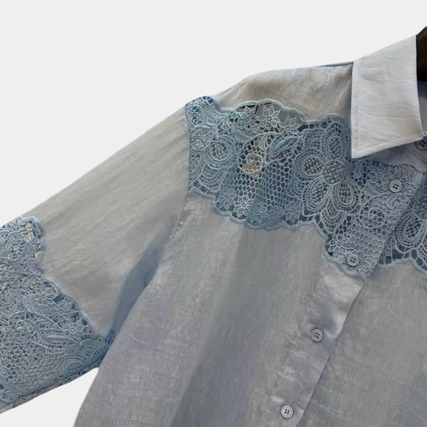 Blue & White Silk Linen Embroidered Lace Shirt or Pleated Skirt Set