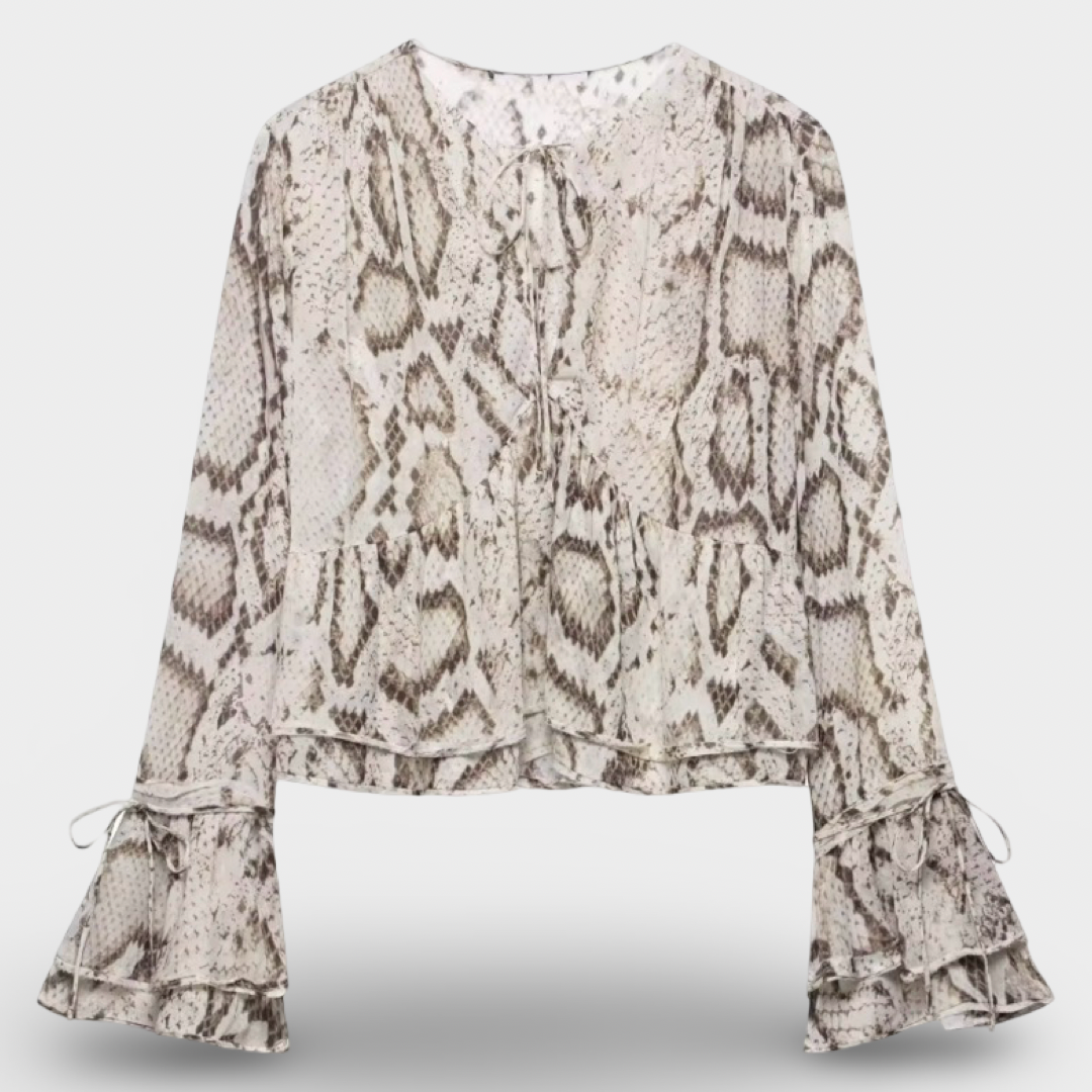 Snake Print Bell Sleeve Blouse | Women’s Lightweight Woven Crew Neck Top & Matching pants Inspired Vintage Outfit | Loose Fit