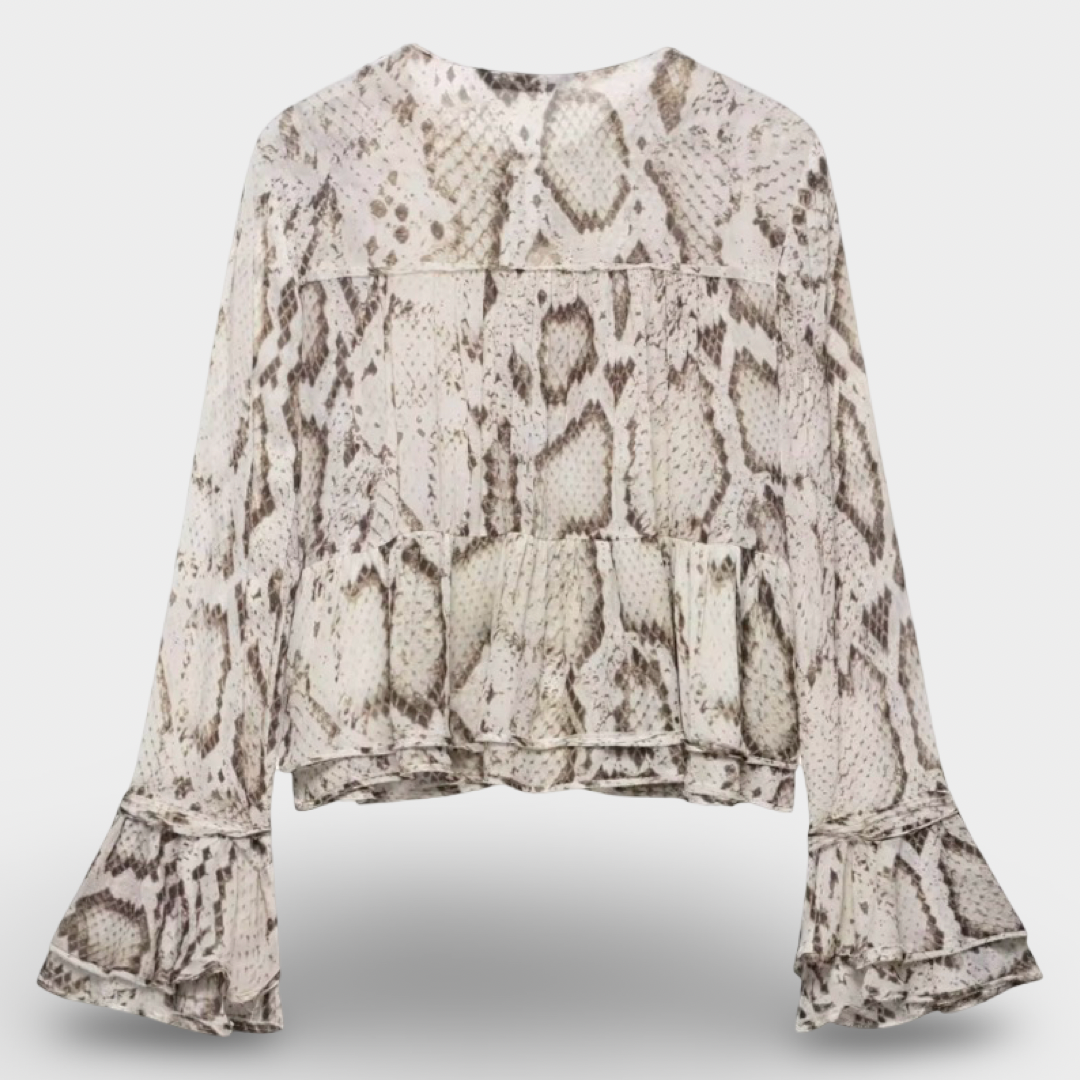 Snake Print Bell Sleeve Blouse | Women’s Lightweight Woven Crew Neck Top & Matching pants Inspired Vintage Outfit | Loose Fit