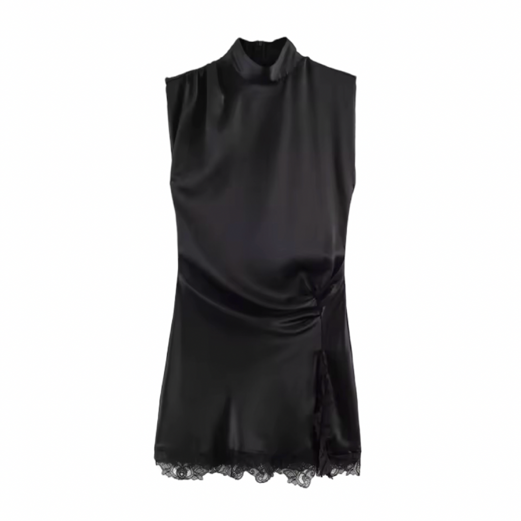 Sleeveless Lace Hem Pleated Mini Dress – Mock Neck Back Zipper Chic Dress