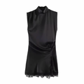 Sleeveless Lace Hem Pleated Mini Dress – Mock Neck Back Zipper Chic Dress