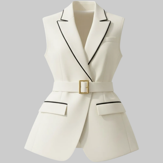 White Belted Sleeveless Blazer Vest – Contrast Black Trim Tailored Waistcoat | Curve Sizes | L’LUXE Tops