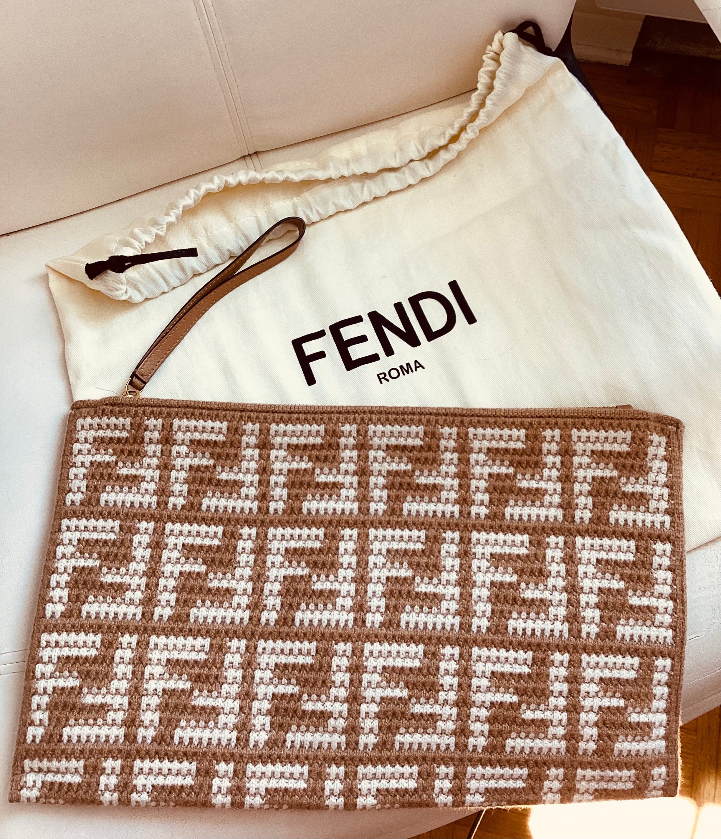 Fendi FF Fabric Flat Pouch Wristlet Cammello Beige & White – Previously Owned Authentic