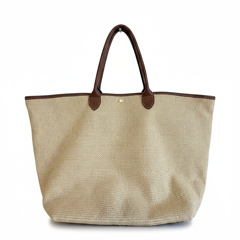 Longchamp Le Pliage Collection Large Basket Tote – Natural Authentic Previously Owned