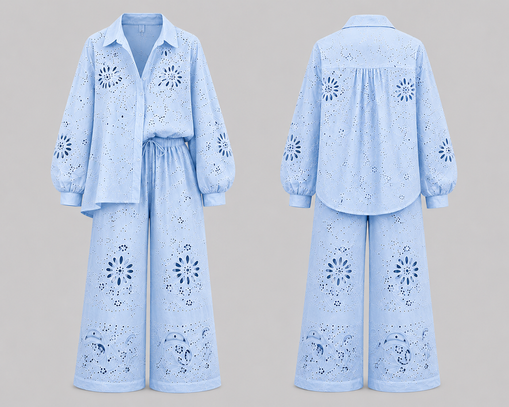 Embroidered Eyelet wide leg & oversized Matching shirt two-piece co-ord Outfit