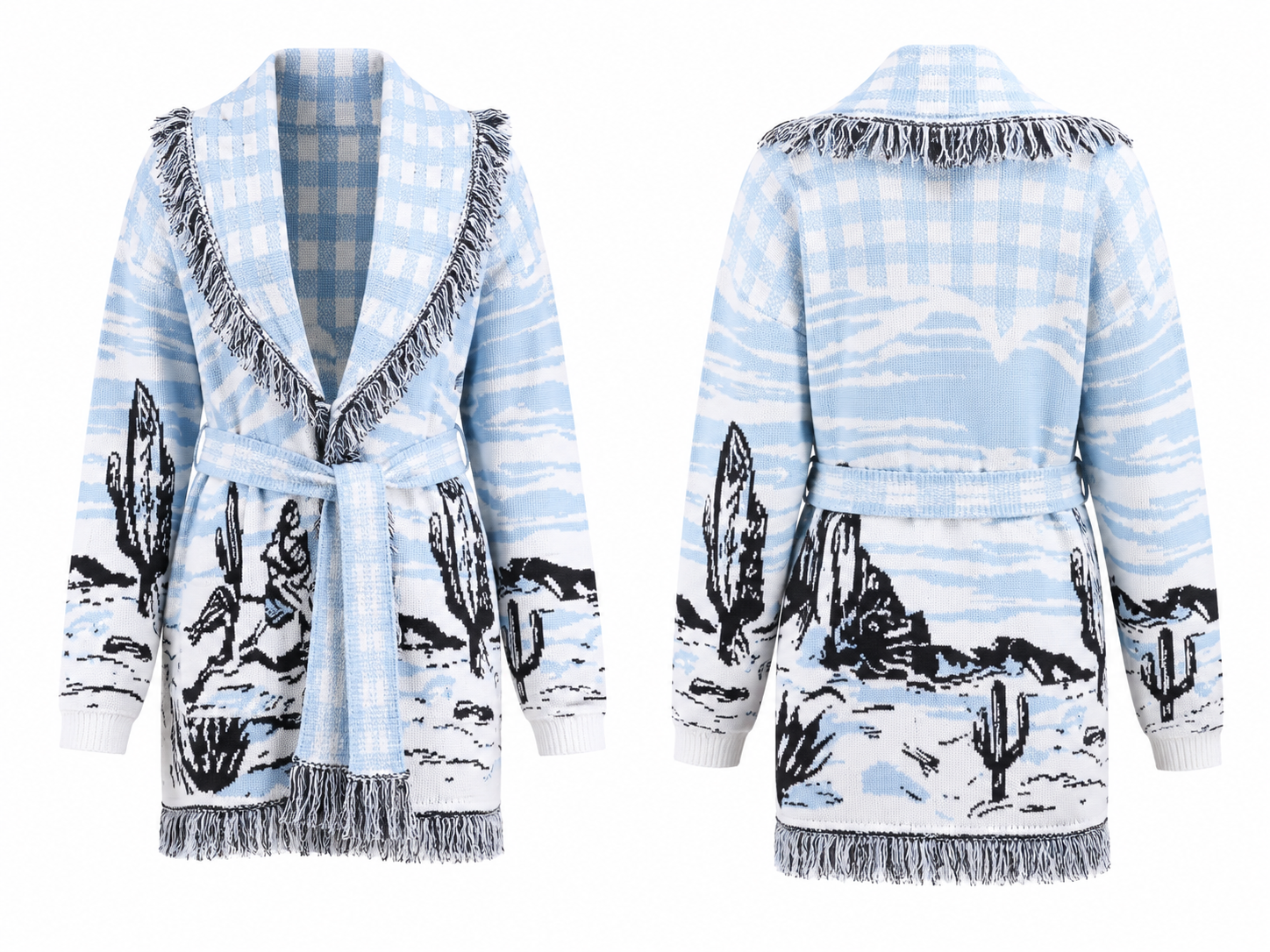 Desert Landscape Fringed Belted Knit Cardigan – Western-Inspired Blue & White Wrap Sweater