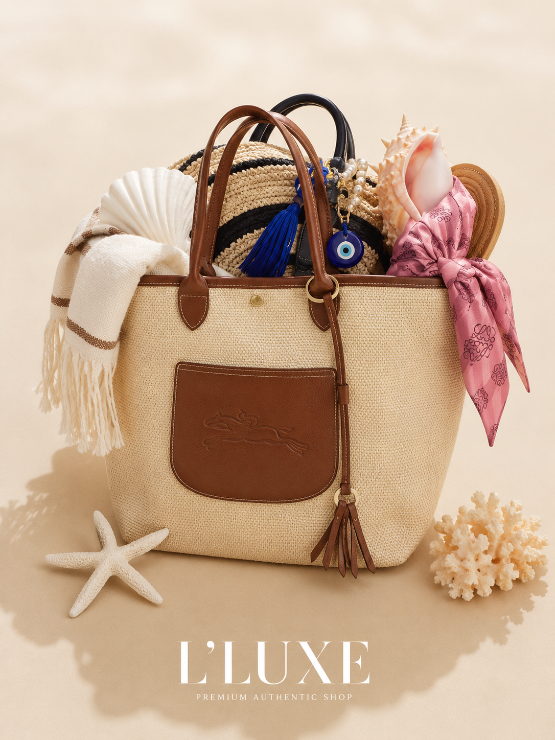 Longchamp Le Pliage Collection Large Basket Tote – Natural Authentic Previously Owned