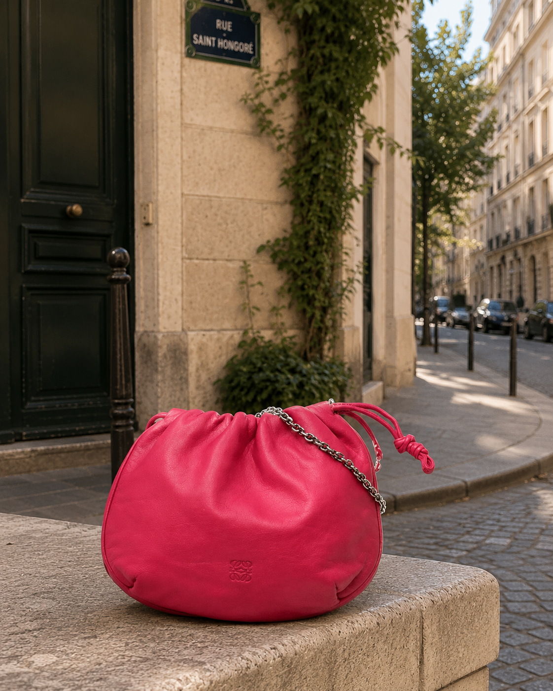 LOEWE Anagram Drawstring Chain Shoulder Bag Pink Leather Previously Owned Authentic