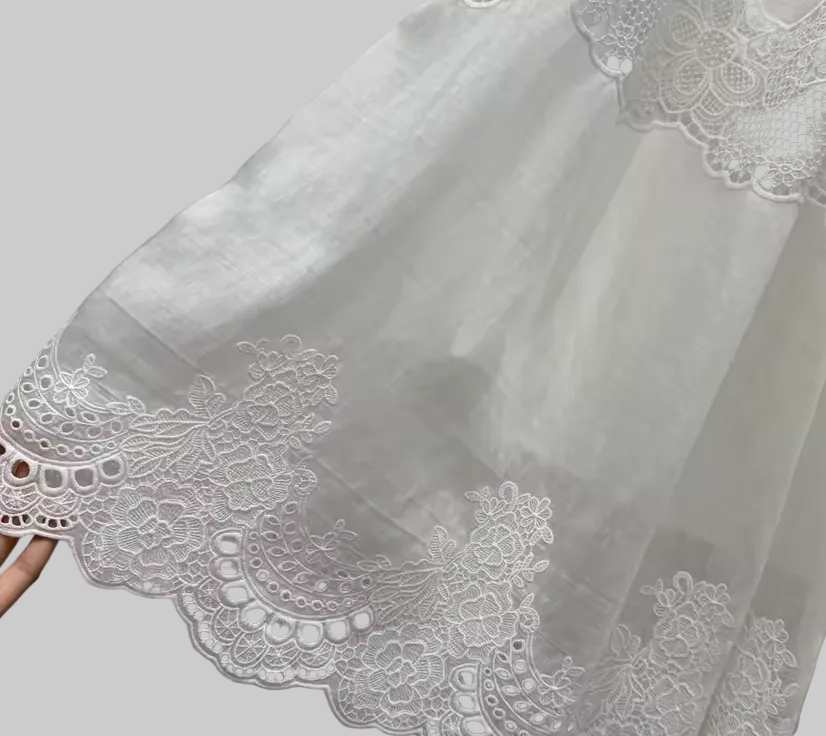 Blue & White Silk Linen Embroidered Lace Shirt or Pleated Skirt Set