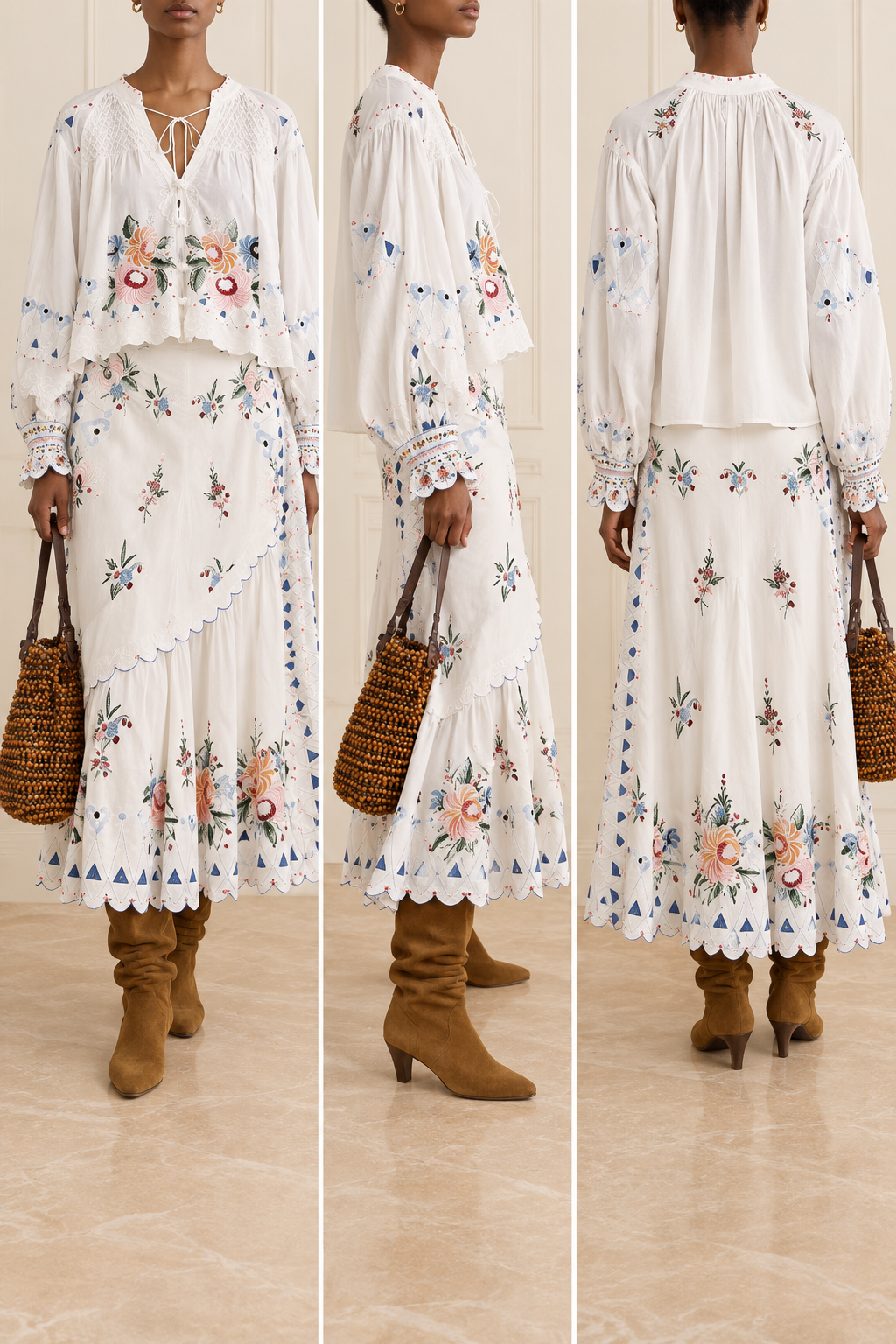 Ensemble chemisier blanc brodé de motifs floraux et jupe-culotte