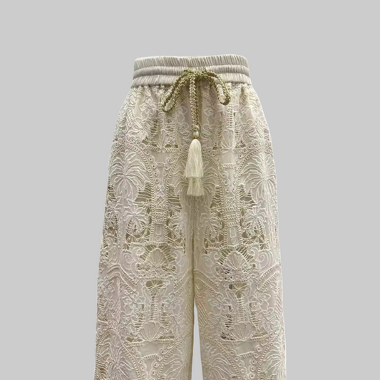 White Floral Embroidered Wide Leg Pants  | L’LUXE Pants