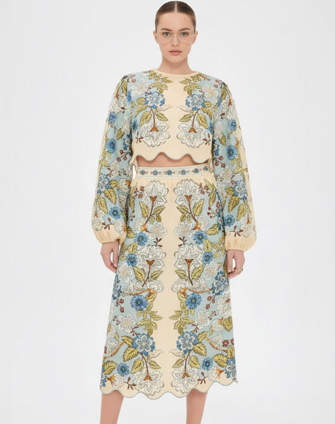 Refined Embroidered Floral Top & Skirt Set