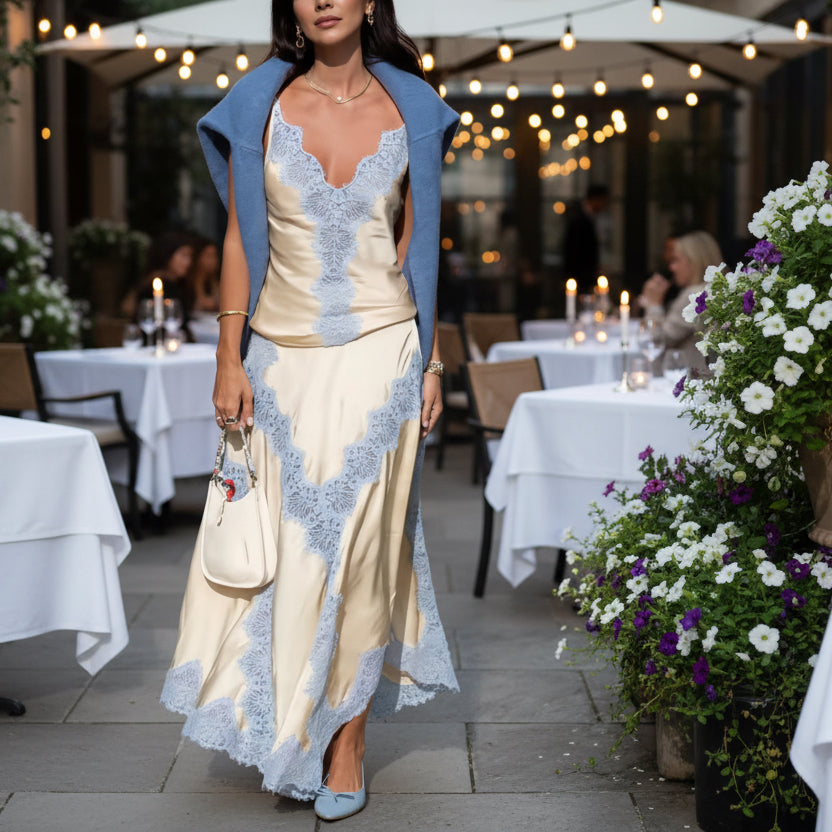 Blue Lace Embroidered Camisole & Maxi Skirt Set