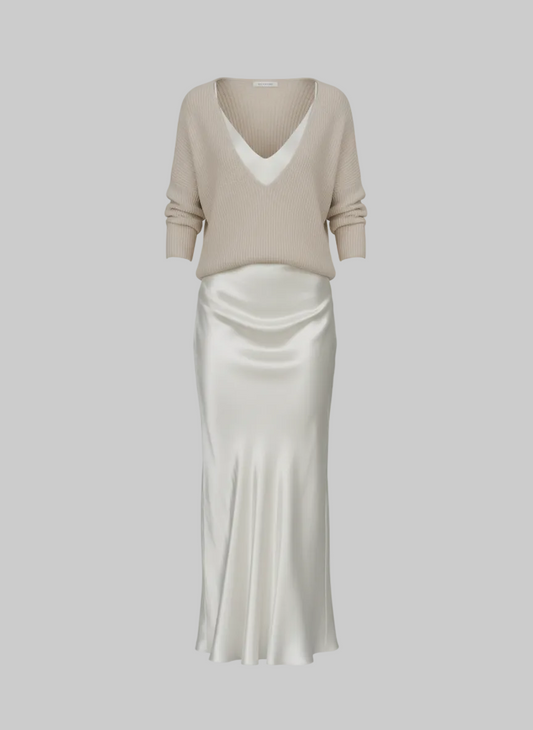 Two-Piece Satin Slip Midi Dress & Knit V-Neck Sweater Set | Curve | L’LUXE Matching Sets