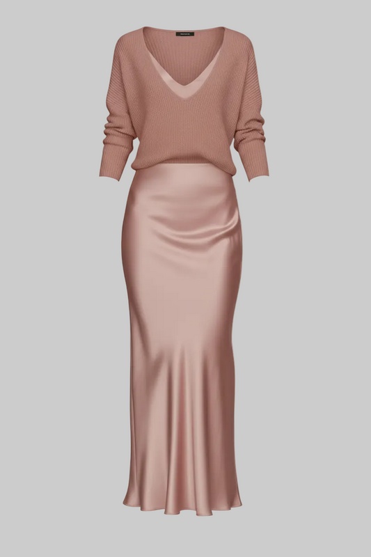 Two-Piece Satin Slip Midi Dress & Knit V-Neck Sweater Set | Curve | L’LUXE Matching Sets
