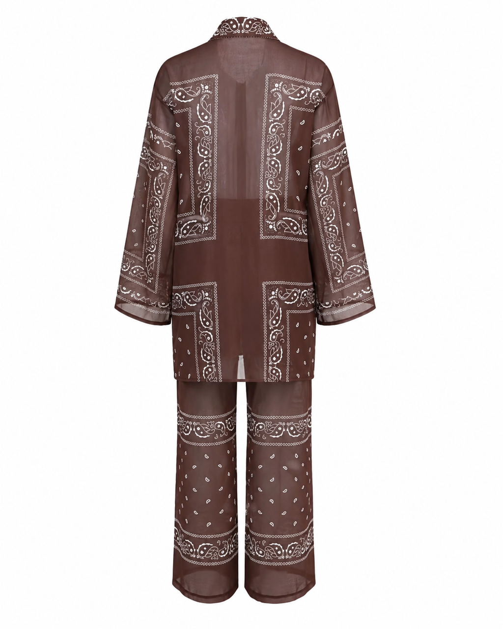 Women’s Brown Bandana Paisley Print Matching Co-Ord Outfit – Long Button-Front Shirt with Sash & Wide-Leg Pants