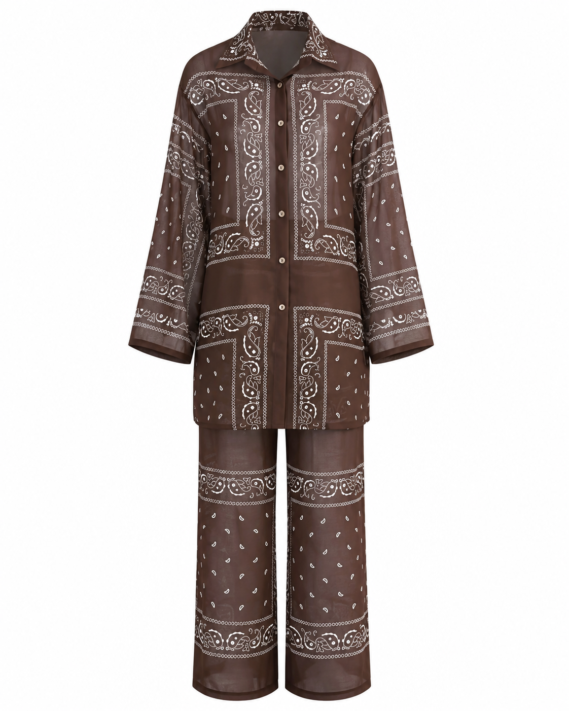 Women’s Brown Bandana Paisley Print Matching Co-Ord Outfit – Long Button-Front Shirt with Sash & Wide-Leg Pants