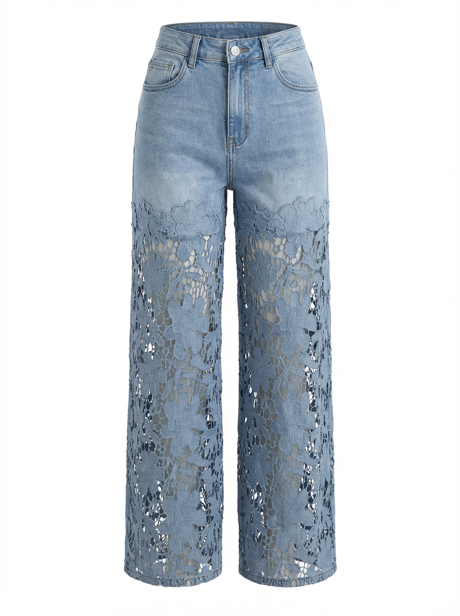 Blue High-Waist Cutout Lace Denim Pants
