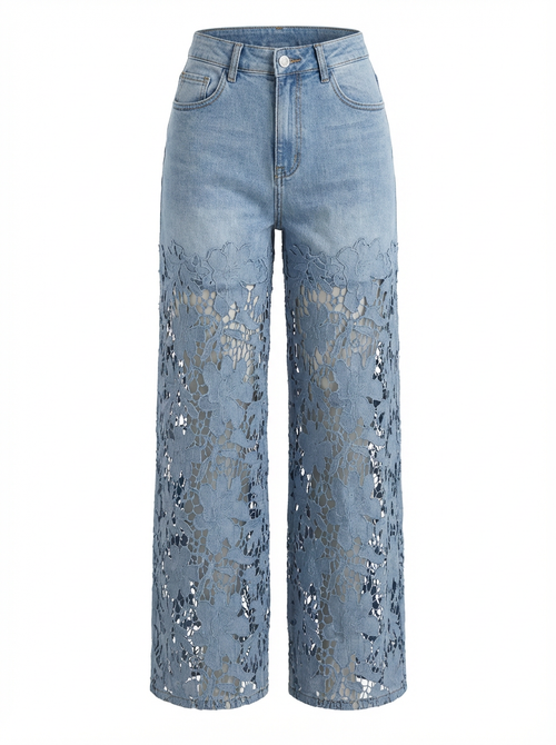 Blue High-Waist Cutout Lace Denim Pants