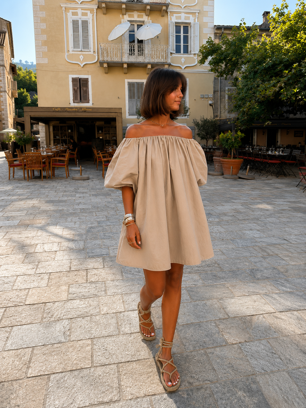 French Chic Off-the-Shoulder Cotton Blend Puff Sleeve Mini Dress