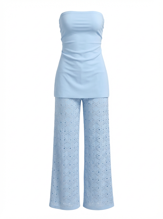 Blue Strapless Knit Top & Hollow Lace Pants Set | Resort • Wear