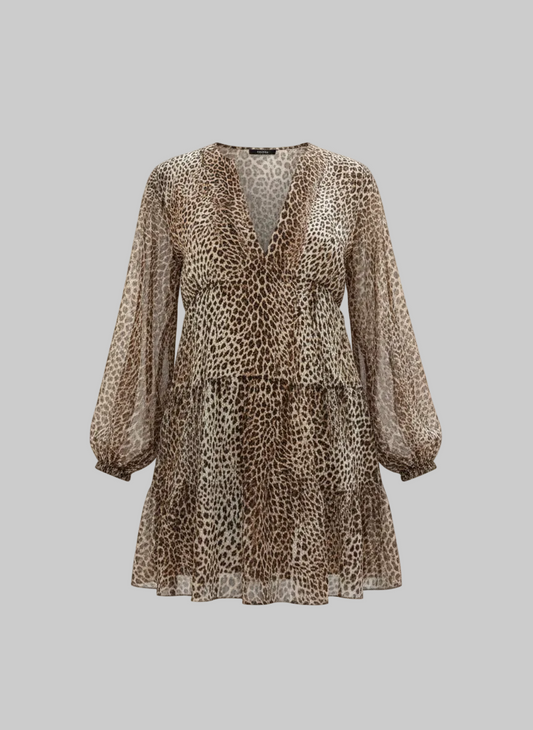 Leopard Print Long Sleeve Tiered Mini Dress | Curve | L’LUXE Dresses