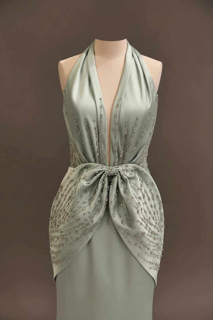 A Pale Mint Green Halter Evening Gown with Crystal-Style Waist Detail –  LLUXE