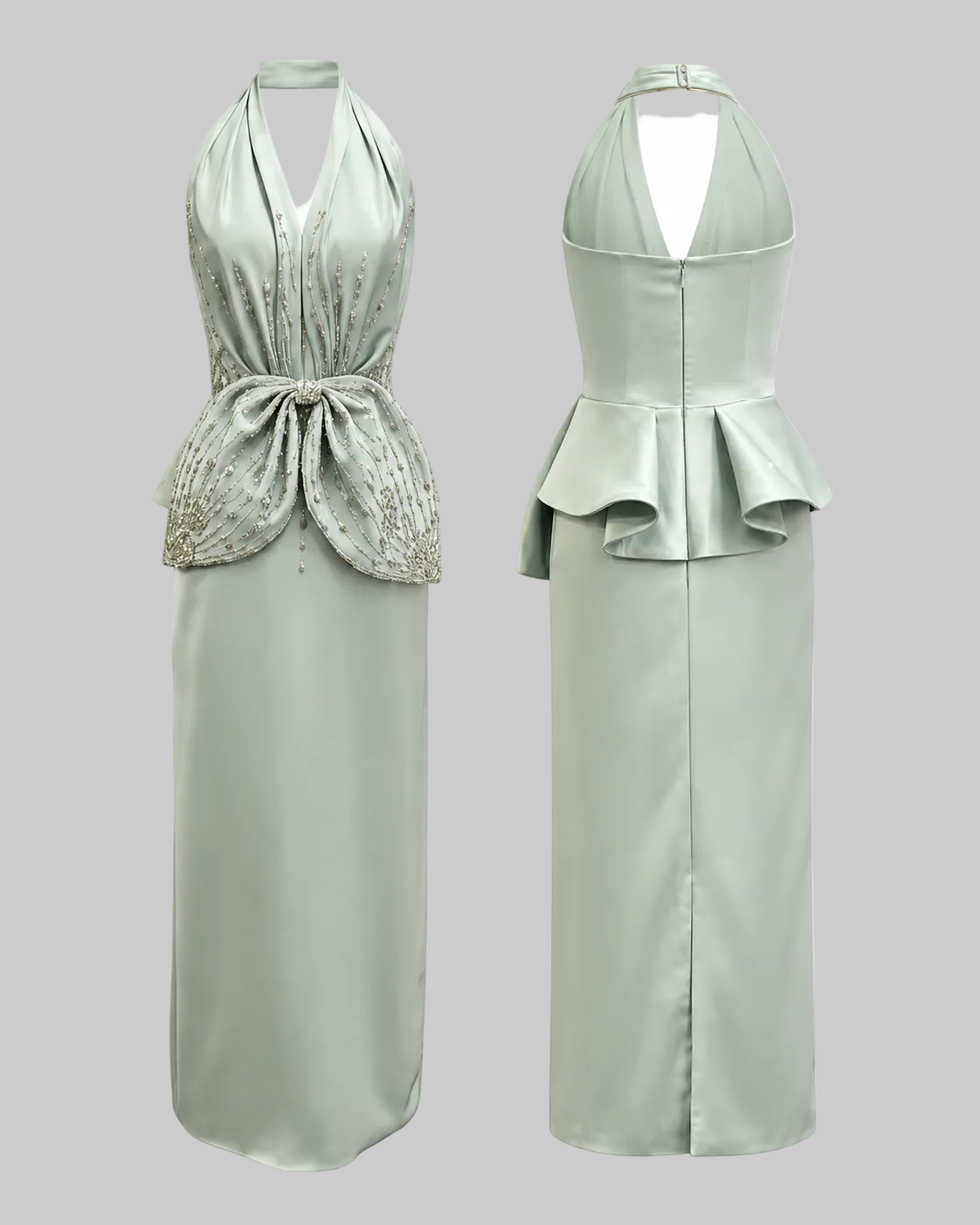 A Pale Mint Green Halter Evening Gown with Crystal-Style Waist Detail   LLUXE
