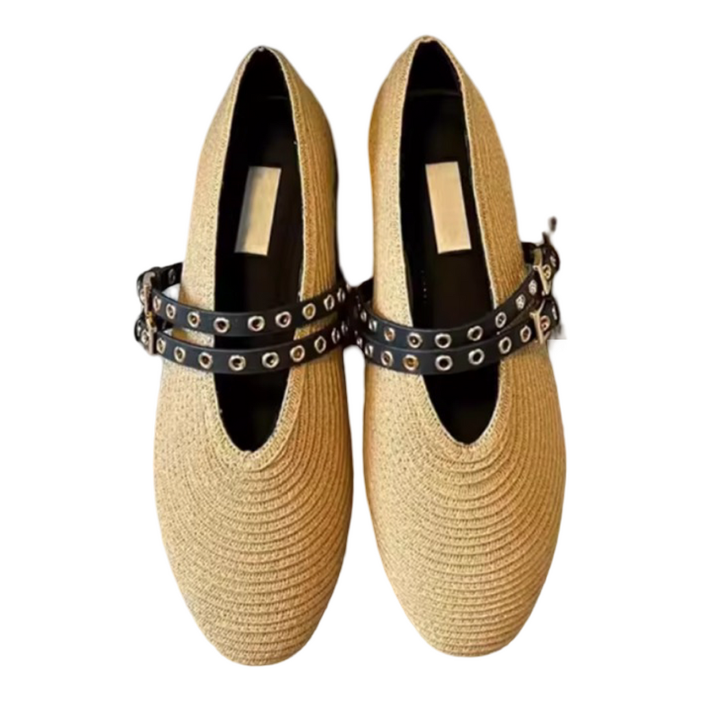 Raffia Mary Jane Ballet Flats with Double Buckle Leather Straps | L’LUXE Inspired Collection