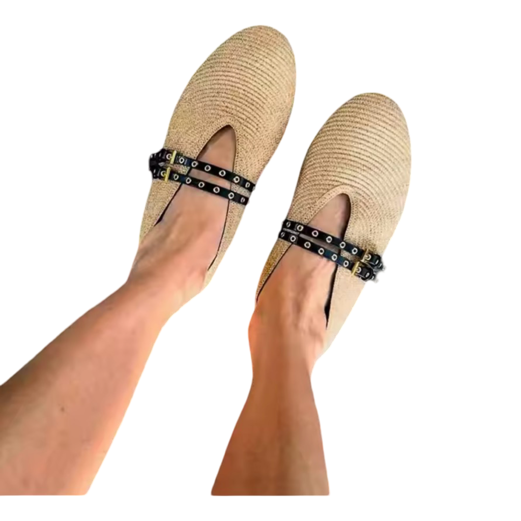 Raffia Mary Jane Ballet Flats with Double Buckle Leather Straps | L’LUXE Inspired Collection