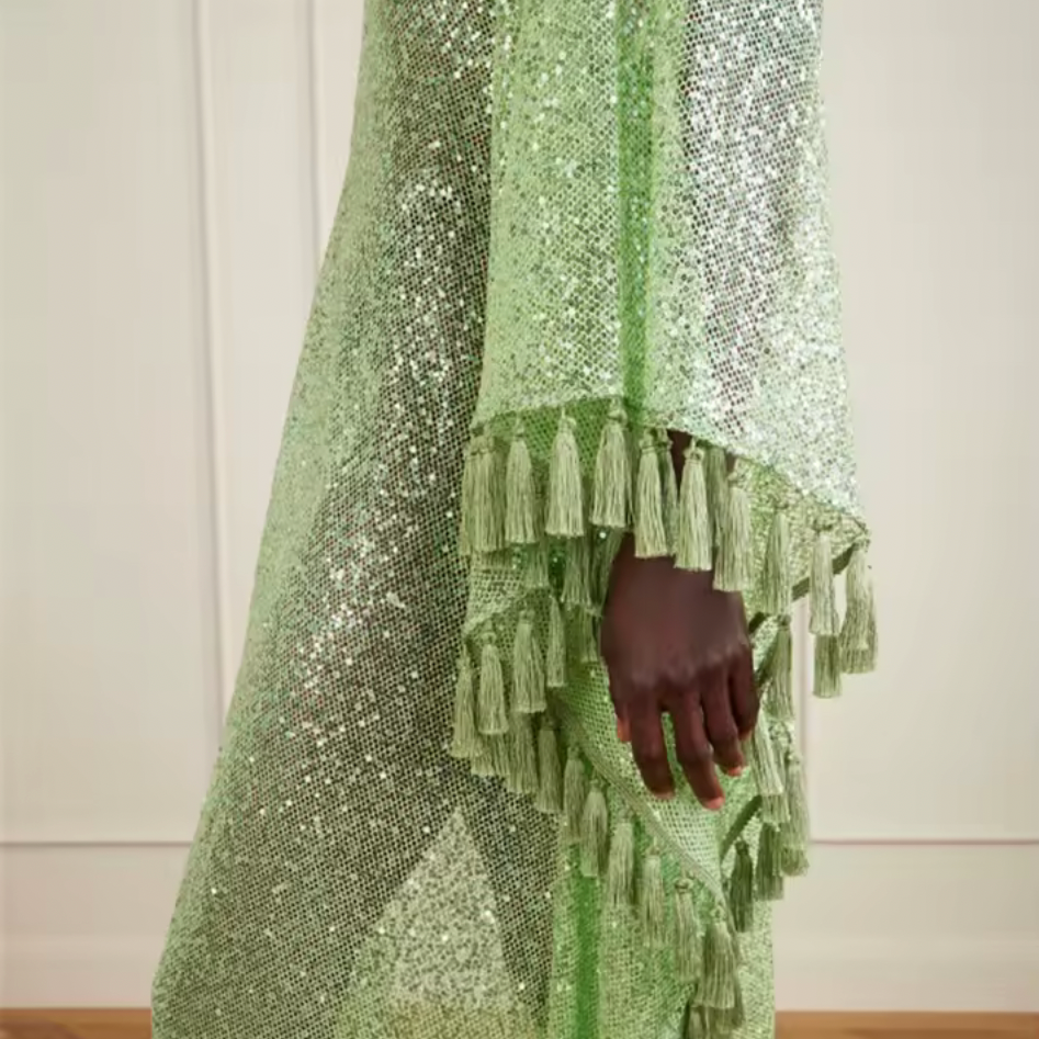 Sequin Fringe Evening Cape Gown – Pistachio Green