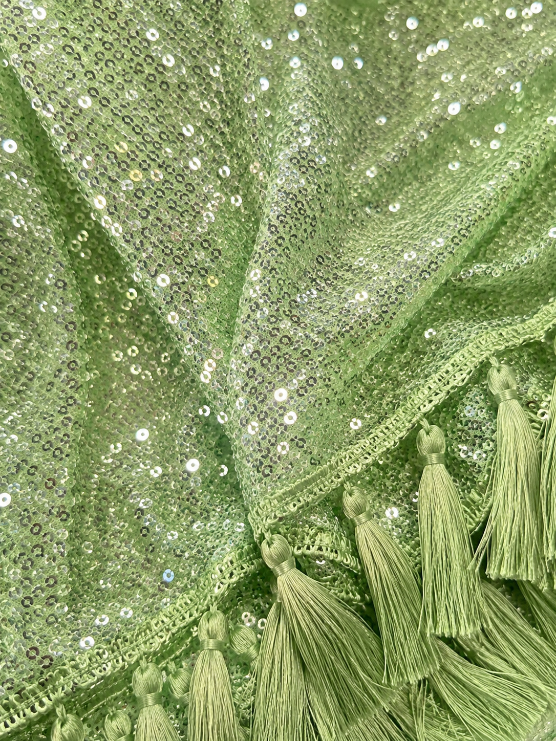 Sequin Fringe Evening Cape Gown – Pistachio Green