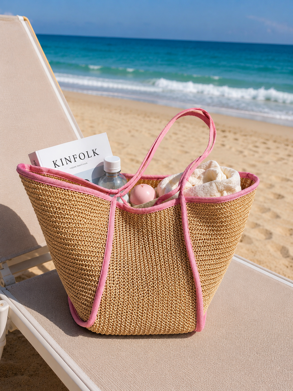 Pink Trim Woven Straw Tote Bag