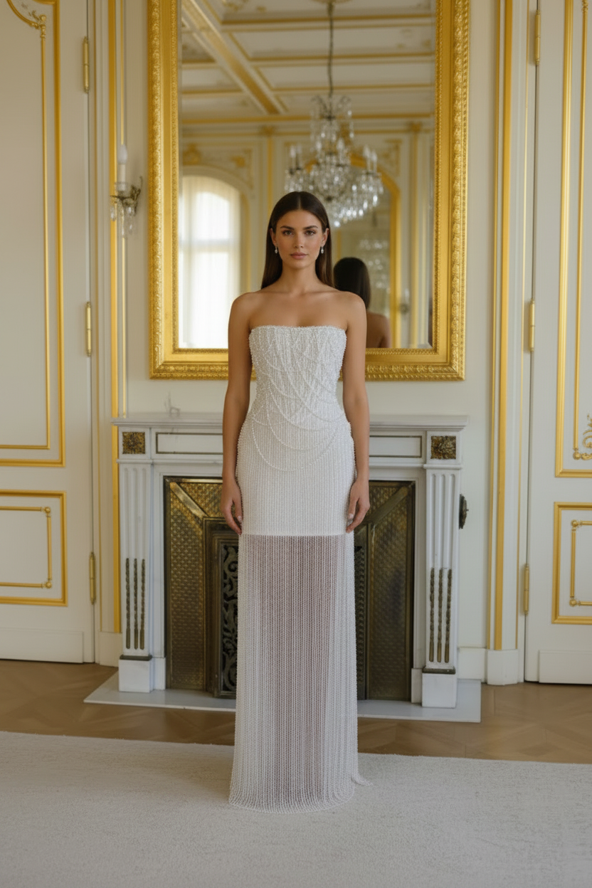 Strapless mini or maxi Pearl Beaded Evening Crystal Fringe Dress