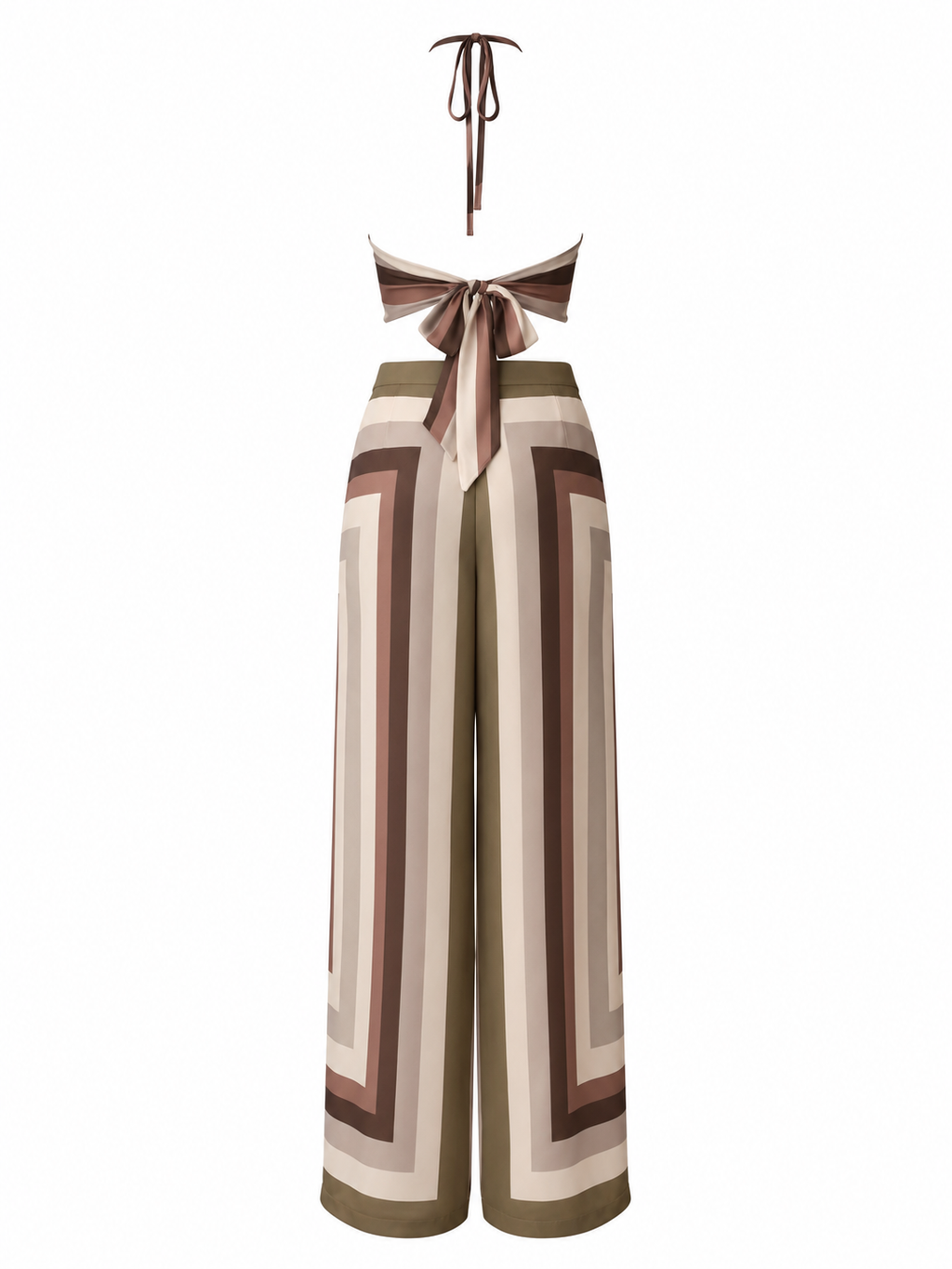Earth Tone Geometric Print Matching Co-Ord Outfit – Halter Crop Top & Wide-Leg Pants
