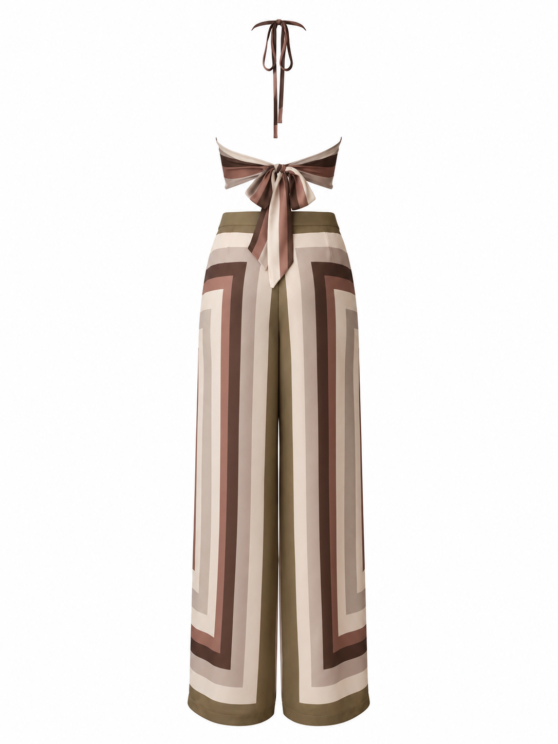Earth Tone Geometric Print Matching Co-Ord Outfit – Halter Crop Top & Wide-Leg Pants