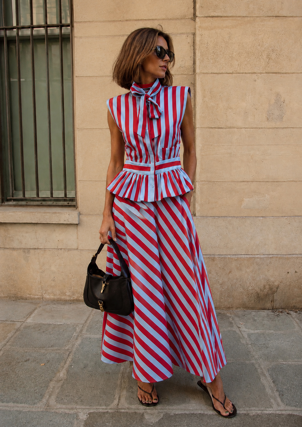 Red & Powder Blue Striped Matching Co-Ord Outfit – Bow-Neck Peplum Top & Midi Skirt