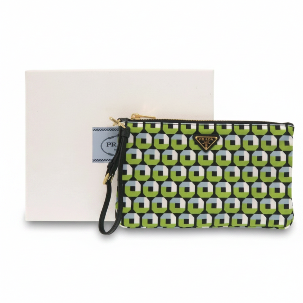 Prada Nylon Green Black Pouch Authentic Previously Owned LIKE NEW
