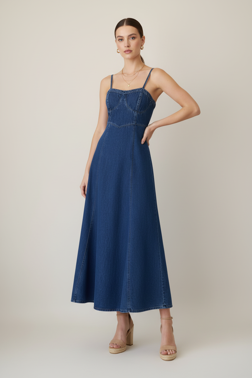 Denim Blue Wash Spaghetti Strap Corset Maxi Dress
