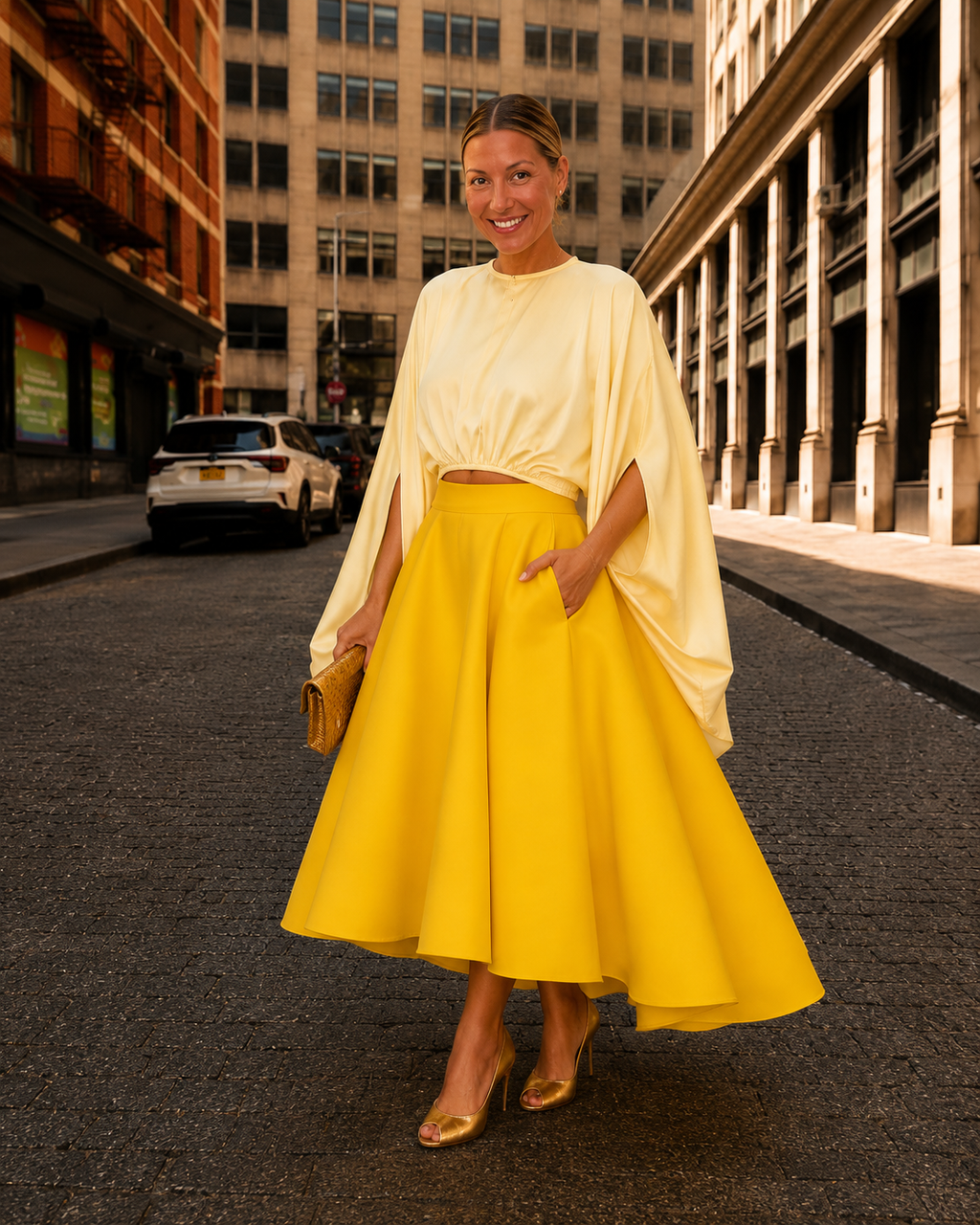 Yellow Satin Batwing Crop Top & Asymmetrical Midi Skirt Matching Co-Ord Outfit