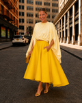 Yellow Satin Batwing Crop Top & Asymmetrical Midi Skirt Matching Co-Ord Outfit