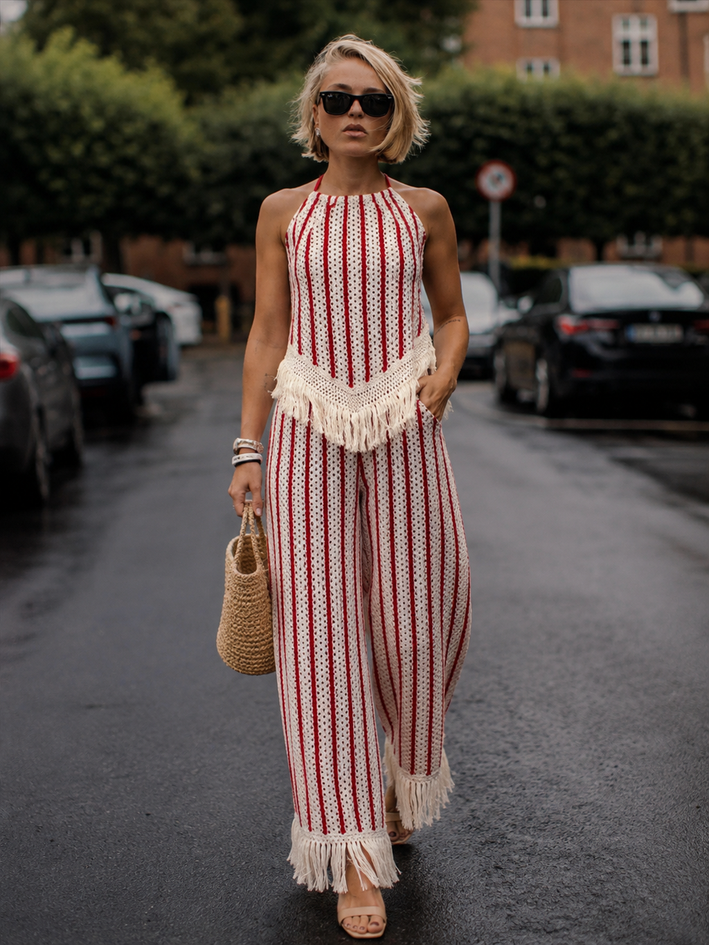 Red & Ivory Striped Fringe Matching Co-Ord Outfit