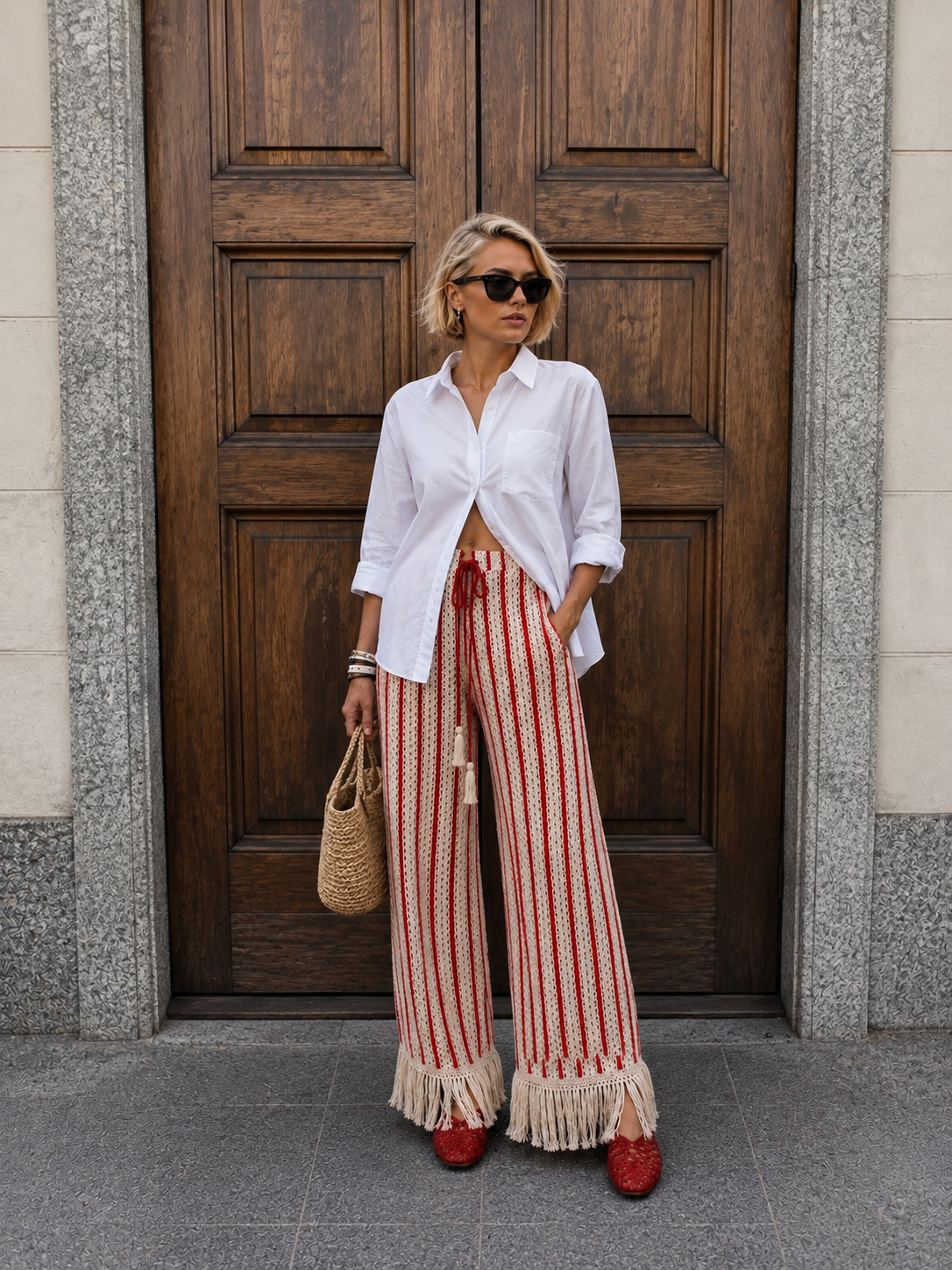 Red & Ivory Striped Fringe Matching Co-Ord Outfit