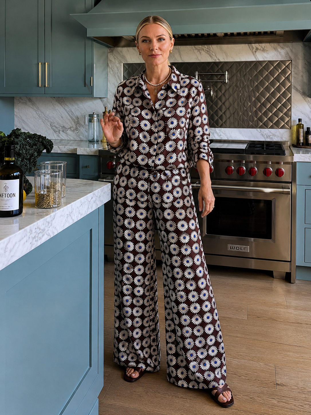 Daisy Print Shirt & Wide-Leg Pants – Brown Floral Separates
