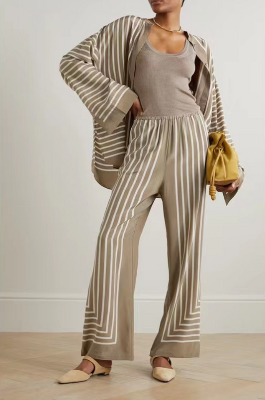 Silk Taupe Striped Shirt & Wide-Leg Pants Set | L’LUXE Luxury Edit