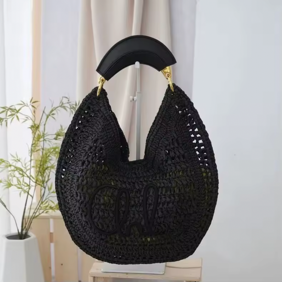 Crescent Straw Woven Shoulder pouch– Hollow Knit Hobo – Multiple Colors (Generic)