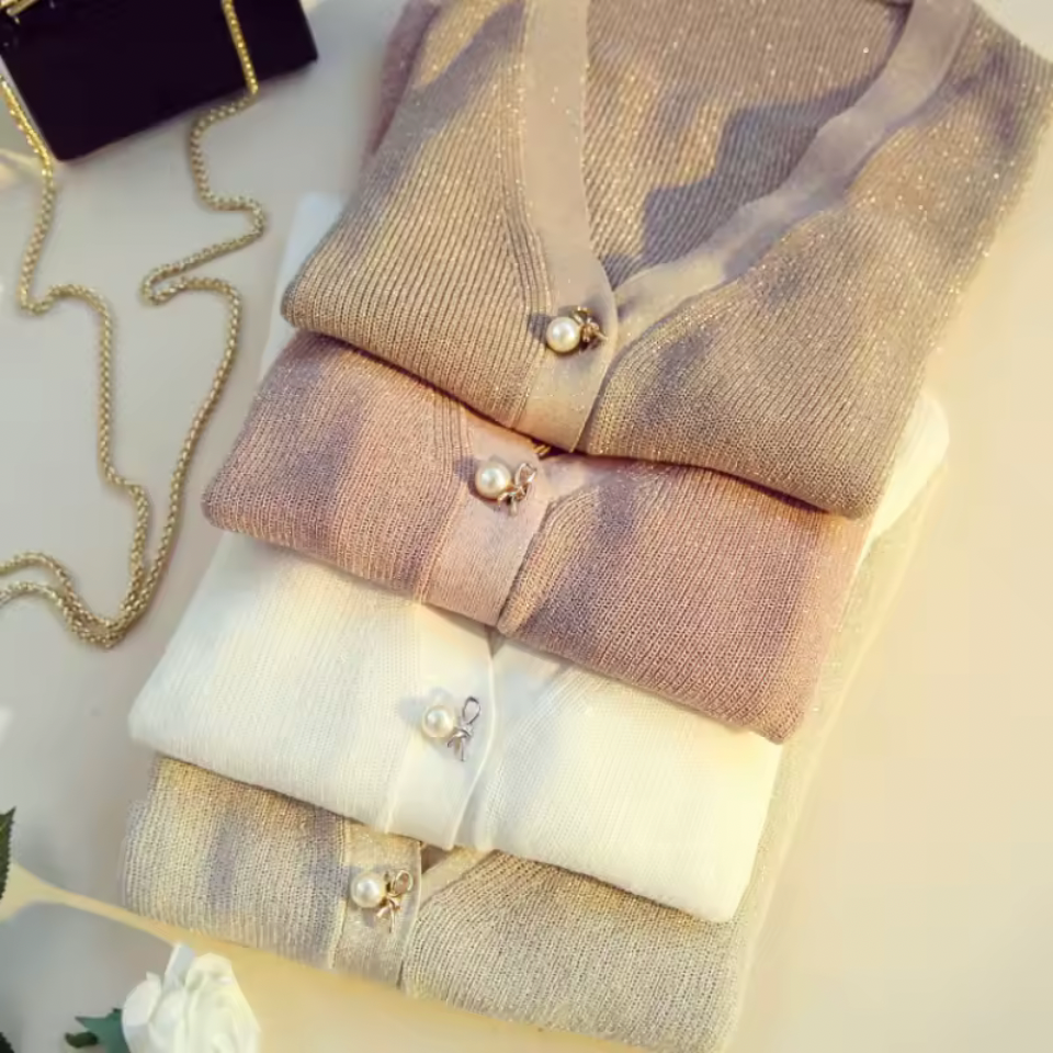 Silky Pearl Button Short Cardigan – Lightweight V-Neck Knit